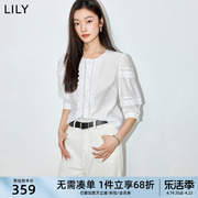 lily2024夏女装(夏女装)优雅浪漫蕾丝，宽松垂坠感泡泡，袖七分袖白衬衫女