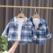 男童牛仔衬衫长袖春秋款，2023儿童装婴儿格子，衬衣春装宝宝上衣