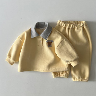 韩版秋冬婴幼童装时尚休闲小熊，加厚套装宝宝翻领，卫衣束脚裤两件套