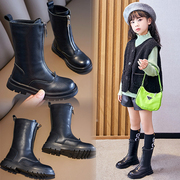 女童真皮靴子2024年秋冬儿童马丁靴英伦，风单靴女孩加绒中筒靴