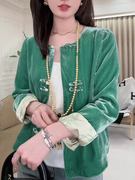 新中式盘扣绿色衬衫女装春季国风减龄外套唐装衬衣丝绒上衣潮