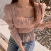 韩国chic优雅气质微透收腰显瘦方领长袖衬衫女港风雪纺衫上衣夏季