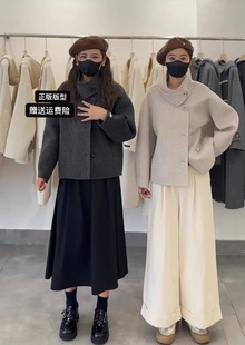 韩版宽松短款立领小个子双面羊绒大衣女设计感羊毛呢外套秋冬