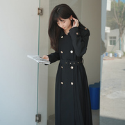 黑色高级感压褶风衣外套，女长款2023春季法式设计感双排扣大衣