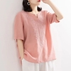 中国风棉麻薄款衬衫，女v领短袖重工刺绣，复古女士夏季简约文艺上衣