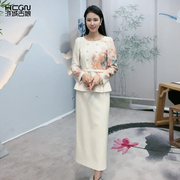 中国风印花精致优雅修身显瘦复古女士职业秋季气质长袖两件套装