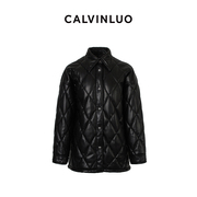 calvinluo衬衫领绗棉，pu廓形外套，23秋冬黑色中长款棉服
