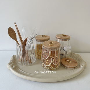复古风竖纹玻璃收纳罐，透明密封罐茶叶罐，竹盖糖果罐家用厨房储物罐