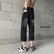 黑色七分牛仔裤男夏季薄款绑带设计感直筒裤，美式高街过膝中裤vibe