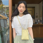 韩国chic夏季甜美圆领套头设计感镂空提花泡泡袖薄款针织衫上衣女