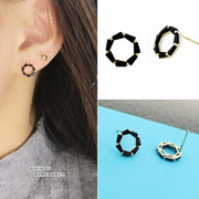 wh时尚韩国10k14k黄金，耳钉女黑圆环，锆石迷你耳钉耳骨钉生日礼物