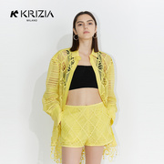 K KRIZIA 黄色时尚性感摩登蕾丝镂空格纹衬衫长袖女