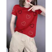 欧洲站短袖T恤女夏季时尚简约圆领正肩体恤爱心印花红色上衣