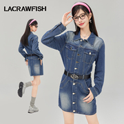 LA CRAWFISH美式学院复古长袖牛仔连衣裙女收腰显瘦直筒包臀短裙