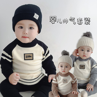 新生婴儿套装秋冬男宝宝帅气字母，毛衣保暖线衫针织，长裤两件套装潮