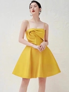 越南设计师柠檬黄吊带不对称蝴蝶结A字裙气质显白蓬蓬连衣裙