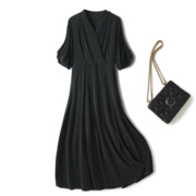 黑色真丝连衣裙女桑蚕丝，长裙大摆裙气质，显瘦纯色法式夏装双绉裙子