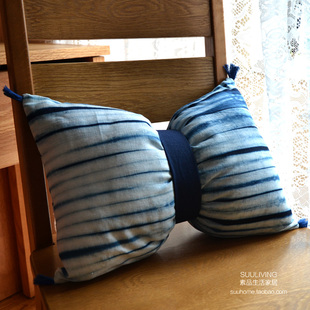 蓝色扎染手工植物染色纯棉亚麻沙发抱枕套靠垫套靠包套蝴蝶结腰枕