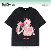 coolplan原创潮牌拍照的骷髅，创意印花美式复古小众重磅短袖t恤
