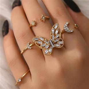 跨境镶钻大蝴蝶食指戒指5件套 金色星星月亮组合套装开口戒指