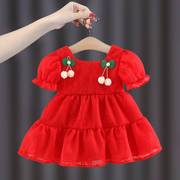 夏季女宝宝大红色礼服女童裙子女宝周岁宴衣服一岁婴儿公主连衣裙
