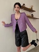 紫色小香风珠片外套女2024年早春短上衣名媛小香风时尚潮