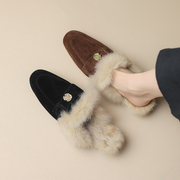 法式兔毛加绒穆勒鞋女外穿冬季平底磨砂真皮毛毛鞋包头半拖鞋大码