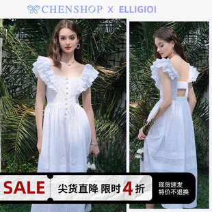 elligioi白色层叠荷叶，边镂空花朵无袖，连衣裙女chenshop设计师品牌