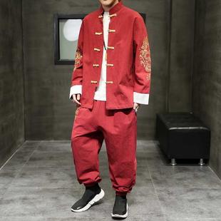 龙纹唐装汉服复古中国风男装套装夹克刺绣中山装红色外套年会服装