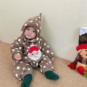 婴儿哈衣冬季新生儿保暖棉服宝宝红色圣诞加绒加厚连体衣连帽冬装