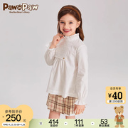 pawinpaw卡通小熊童装2024春款女童纯棉，花边立领淑女长袖衬衫上衣
