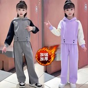 女童秋冬款加绒连帽运动卫衣，套装2023大童冬季网红加厚两件套