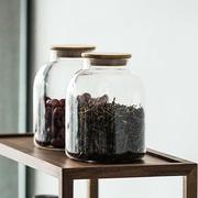 大号竹盖玻璃茶叶罐家用干果密封储物罐红茶老白茶储存罐收纳罐子