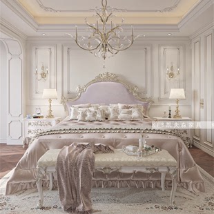 法式轻奢宫廷风实木床奢华主卧梦幻紫色1.8米双人，软靠雕花公主床
