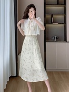 新中式连衣裙女夏季短袖小个子雪纺国风刺绣衬衫吊带裙两件套