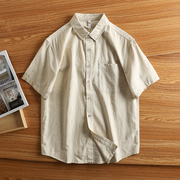 美式休闲亚麻短袖，男宽松寸衫夏季小衫半袖衬衣免烫高级棉麻衬衫