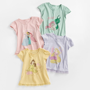 夏季女童纯棉短袖T恤儿童圆领洋气卡通网纱公主上衣女宝打底