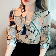 春夏季2023年设计感气质衬衣长袖上衣，七分袖印花雪纺衬衫女装