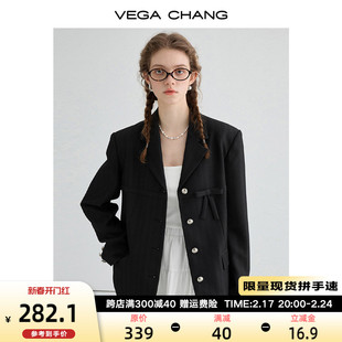 VEGA CHANG黑色小西装女2024年春季高级感暗纹蝴蝶结西服外套