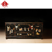 扬州漆器厂古典家具骨石镶嵌黑底人物三门一抽门厅玄关电视柜