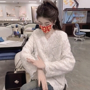 洋气高级感重工刺绣蕾丝V领衬衫女秋冬气质宽松时尚内搭打底上衣