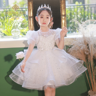 儿童礼服公主裙花童婚礼，小女孩春季白色，婚纱钢琴主持人演出服女童