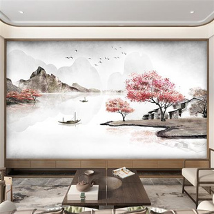 中式电视背景墙壁画2022年墙纸客厅卧室影视，墙布山水壁纸壁布