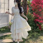 法式名媛风方领短袖连衣裙女夏季2024收腰显瘦设计感公主裙子