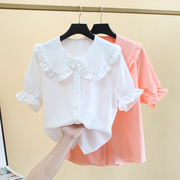雪纺衬衫女短袖夏季学生韩版宽松大码白色，雪纺衫娃娃领上衣