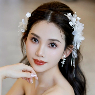 韩式甜美娟纱流苏发夹唯美新娘婚纱造型发饰森系浪漫婚礼白纱饰品