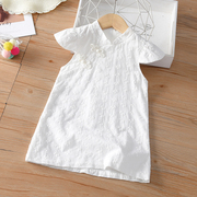 女童连衣裙夏装，2024儿童无袖旗袍裙时髦民族风，洋气纯白色裙子