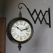 美式乡村复古铁艺双面挂钟，墙饰客厅餐厅欧式家居，金属静音钟表挂件