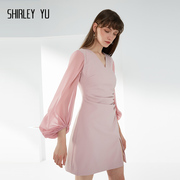 shirleyyu原创春春夏，欧美粉色泡泡，袖雪纺连衣裙收腰显瘦短裙