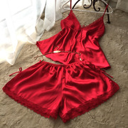春夏季大码性感蕾丝，丝绸吊带短裤，睡衣套装女士红色两件套可爱